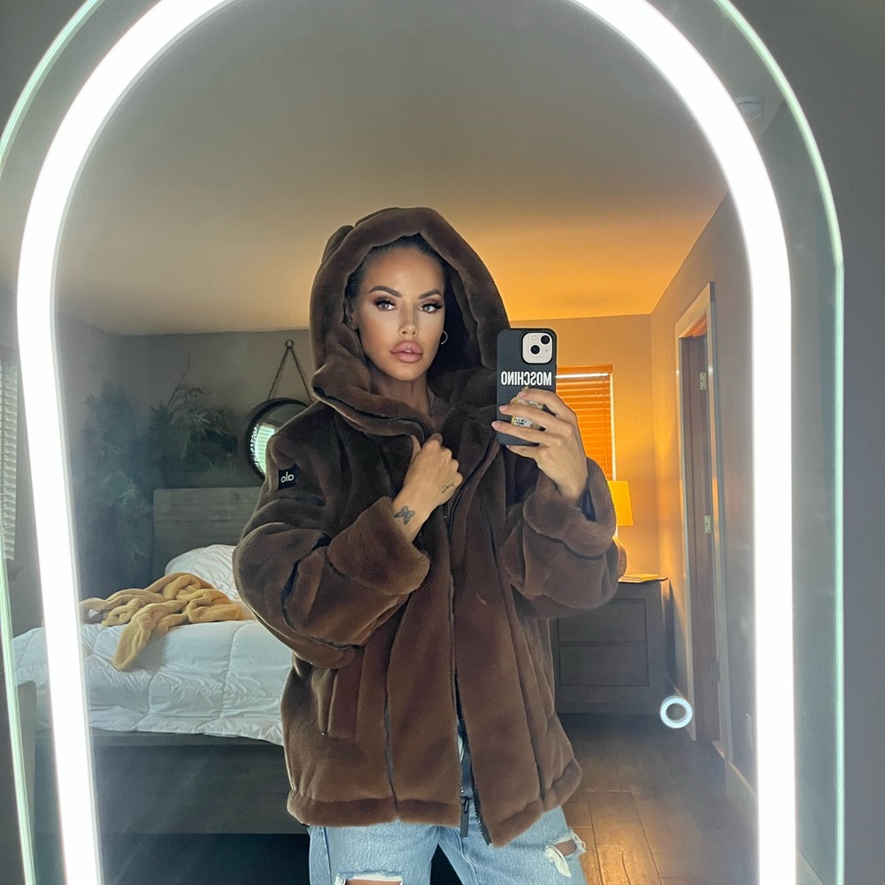 ALO brown fur hooded coat with faux leather detailing Only worn 2 times! Luxury!